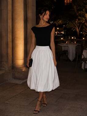Aleeza Paris XL White Cotton Bubble Hem Midi Skirt Full Balloon Quiet Luxury